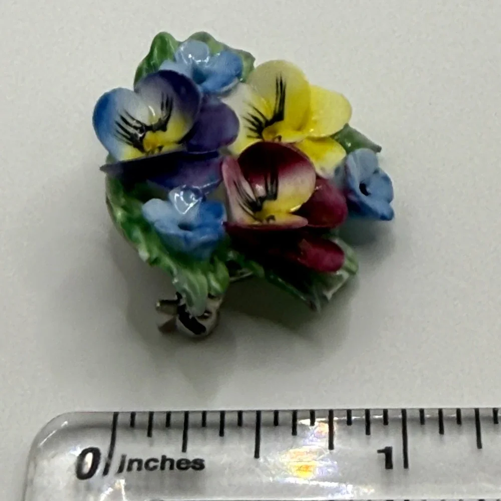 CEJ Handmade Hand Painted Porcelain Pansy Forget Me Not Floral Brooch Pin